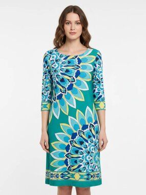 Sandra Darren Mandala Pattern Multi Floral 3/4 Sleeve Shift Midi Dress Woman 10